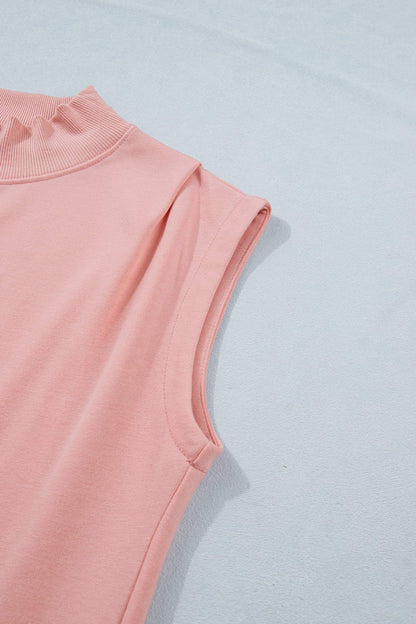 Sky Blue Solid Color High Neck Cap Sleeve Loose Top