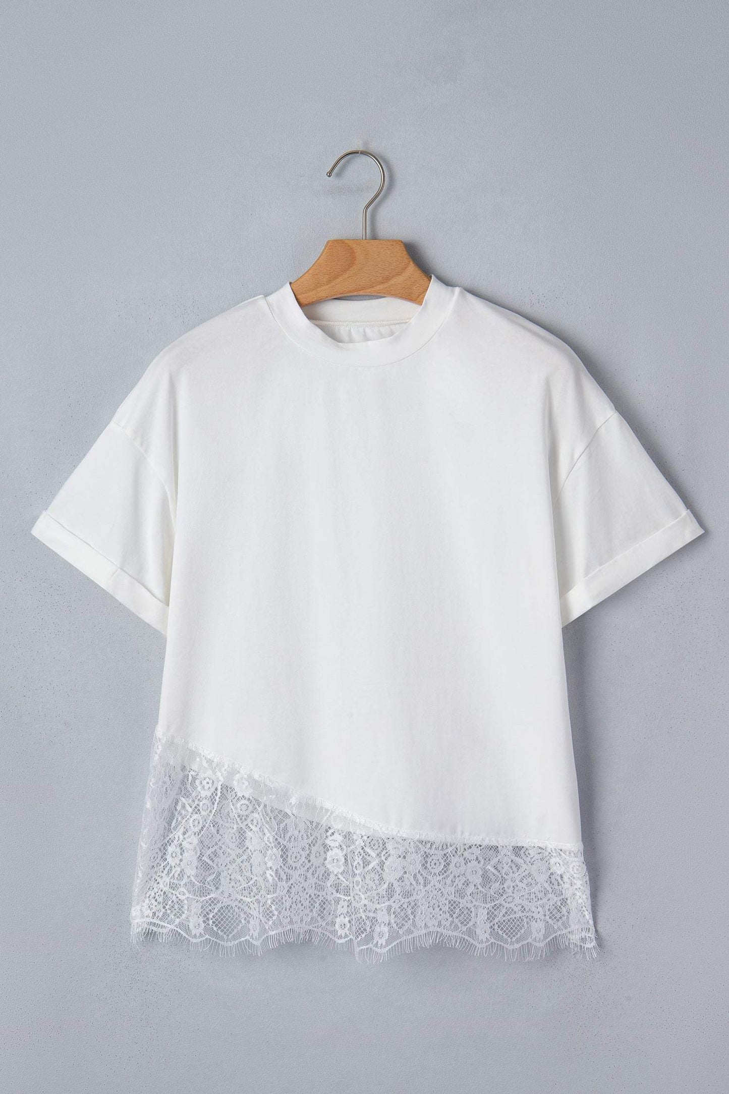 White Asymmetric Lace Hem Patchwork Tee