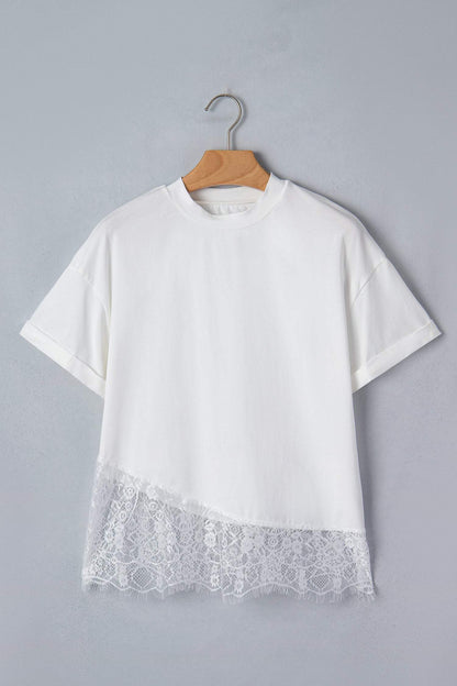 White Asymmetric Lace Hem Patchwork Tee