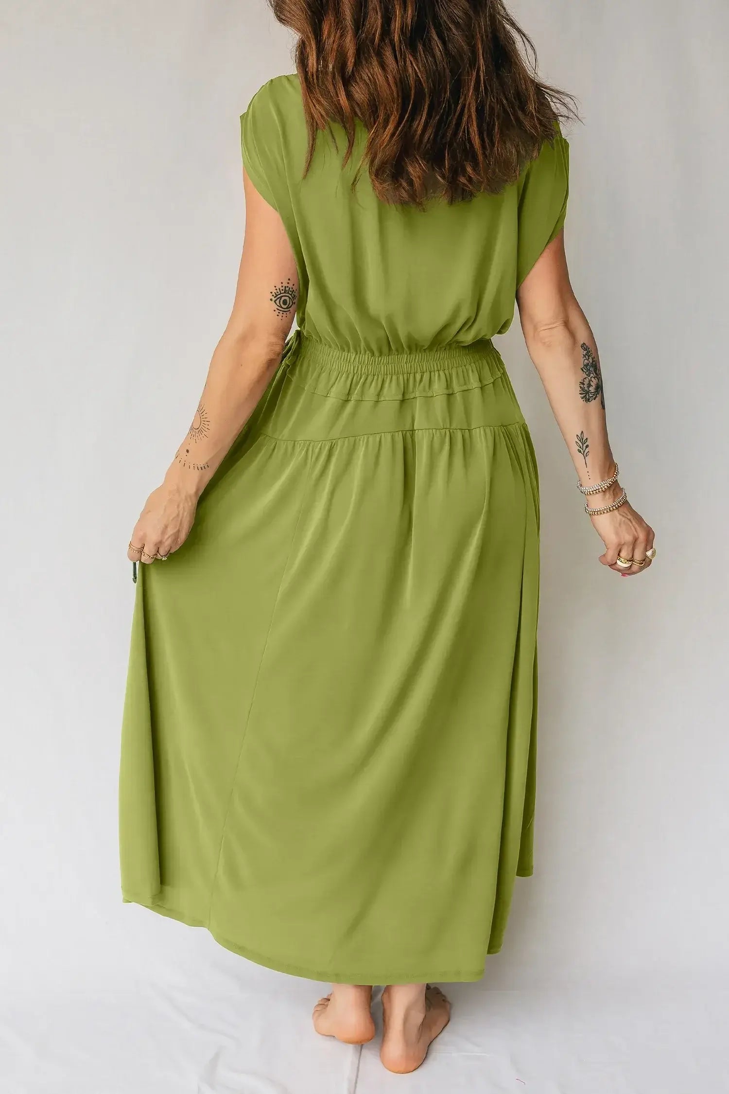 Fern Green Solid V Neck Cap Sleeve Tunic Elastic Waist Versatile Maxi Dress - Sweet Fashion Wholesale