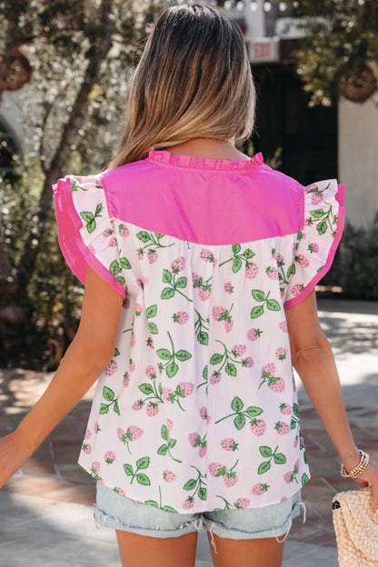 Pink Striped Strawberry Printed Color Block Patchwork V Neck Flutter Sleeve Blouse - Sweet Fashion Wholesale