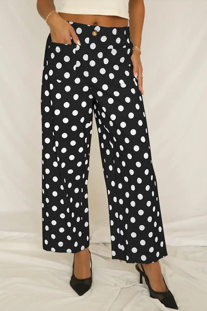 Black Polka Dot Print Patched Pocket Mid-rise Straight Leg Pants - Sweet Fashion Wholesale