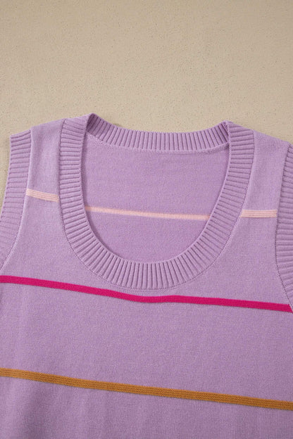 Purple Stripe Round Neck Knitted Sweater Tank