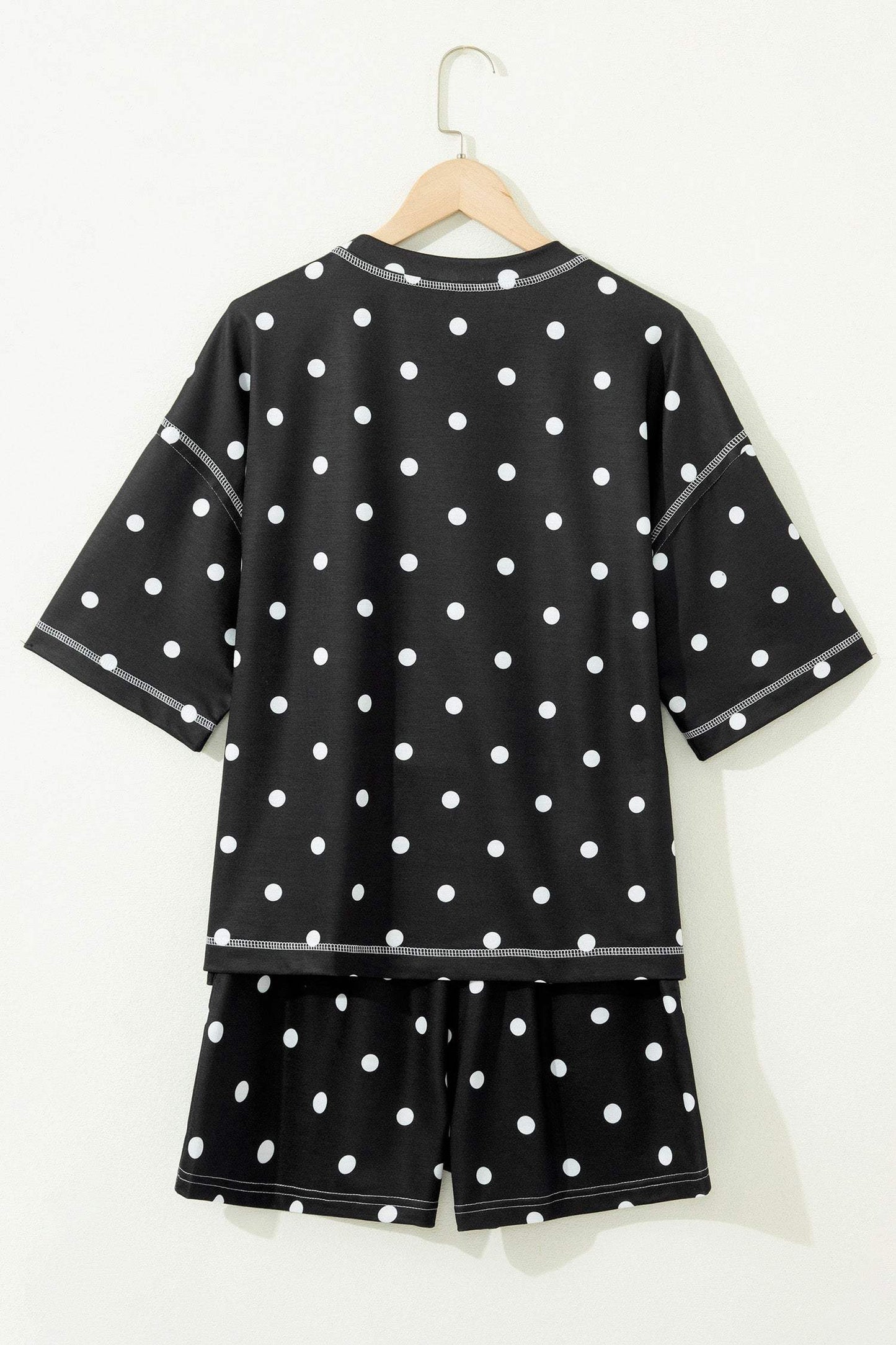 Yellow Exposed Seam Detail Polka Dot Loose Tee Drawstring Shorts Set