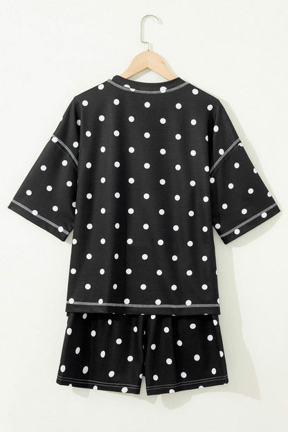 Yellow Exposed Seam Detail Polka Dot Loose Tee Drawstring Shorts Set