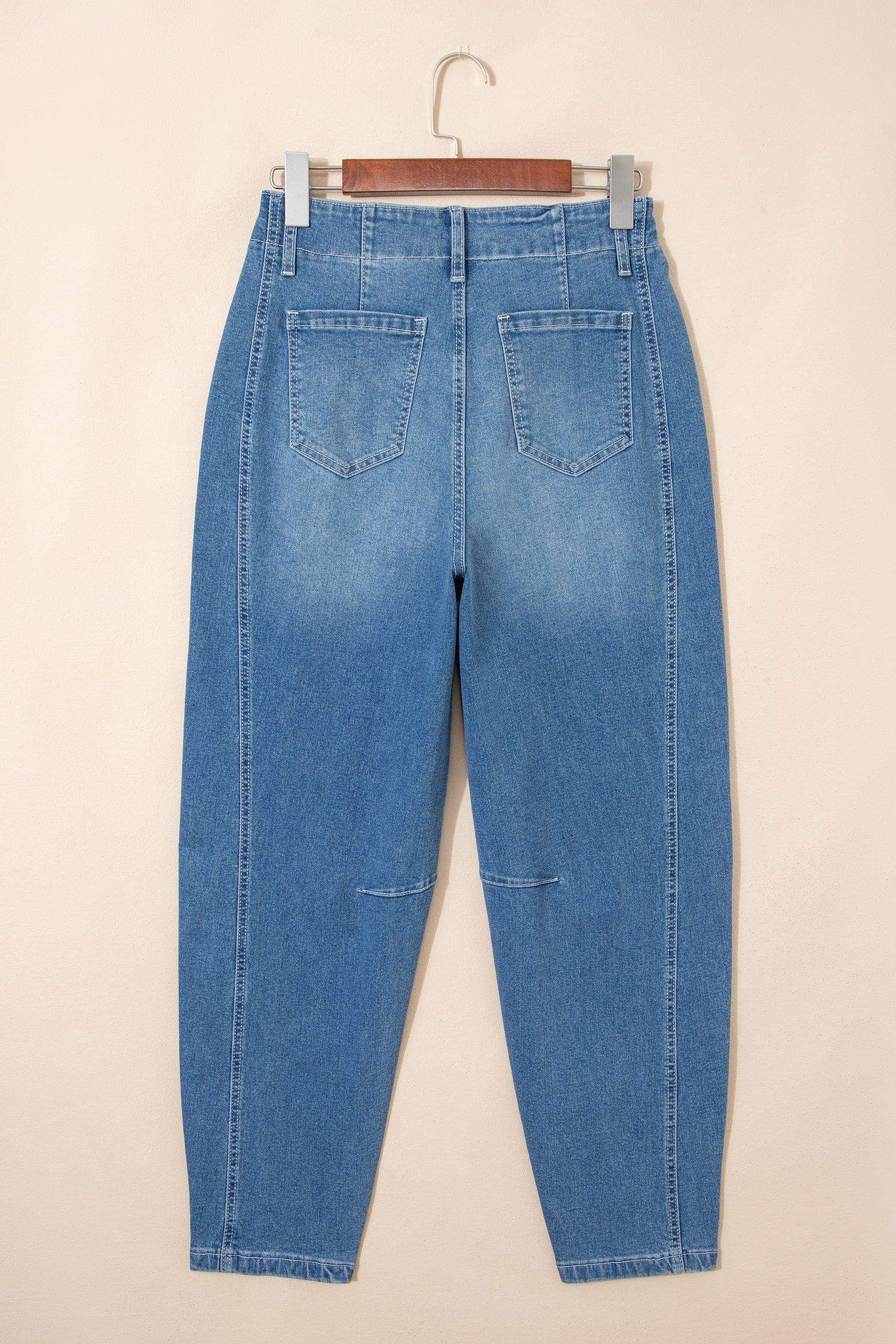 Sky Blue Medium Wash Cuffed Barrel Jeans - Sweet Fashion Wholesale