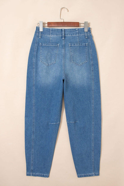 Sky Blue Medium Wash Cuffed Barrel Jeans - Sweet Fashion Wholesale