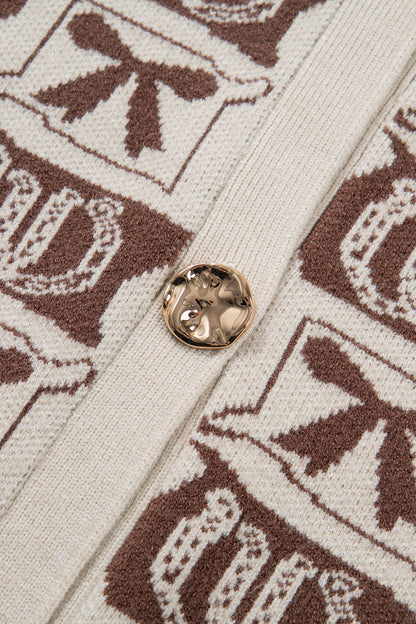 Brown Western Horseshoe Bow Pattern Button Front Sleeveless Knit Sweater