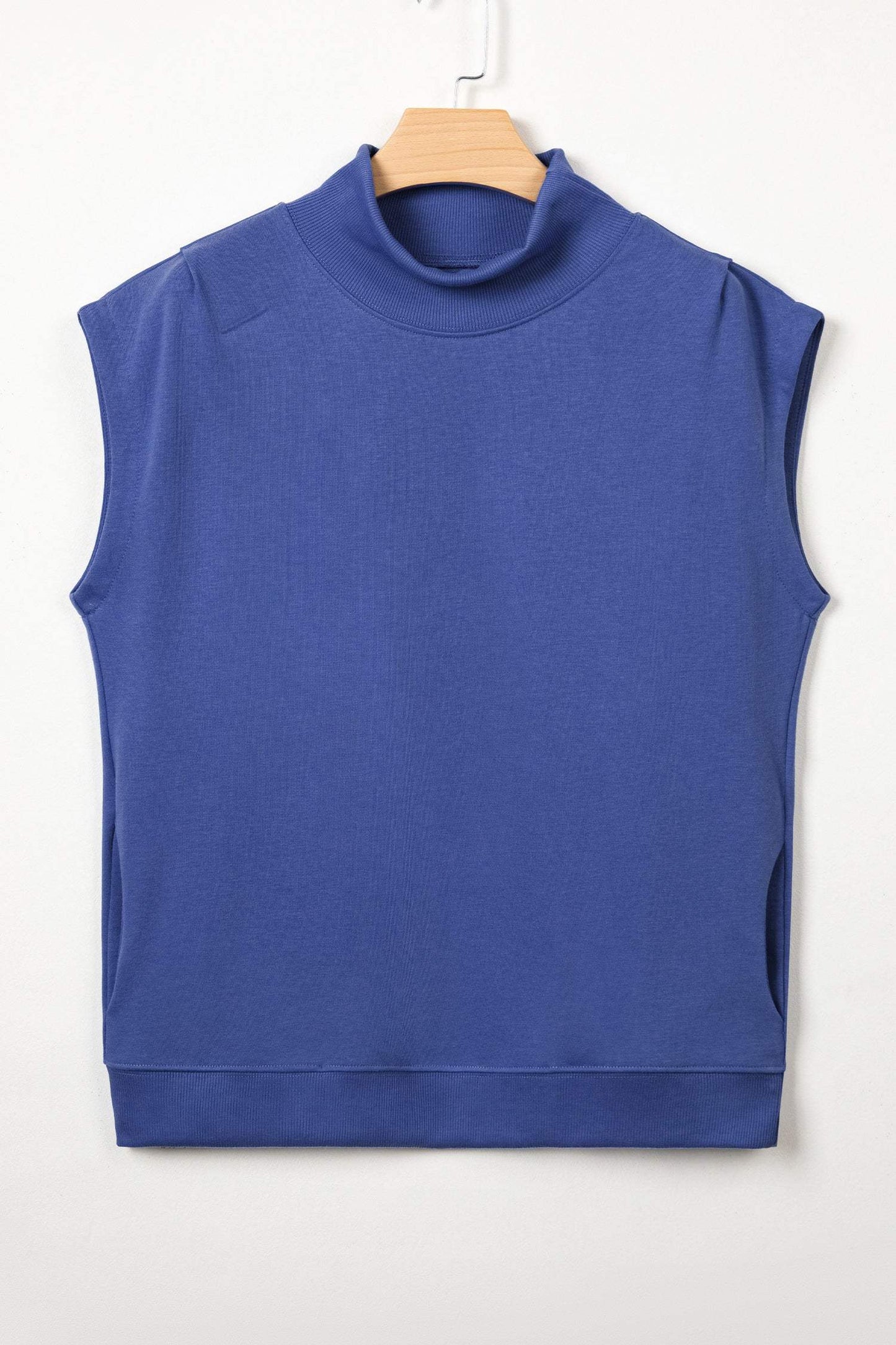 Sky Blue Solid Color High Neck Cap Sleeve Loose Top