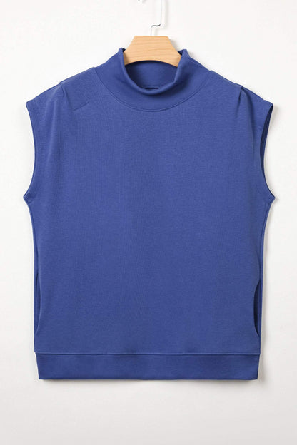 Sky Blue Solid Color High Neck Cap Sleeve Loose Top