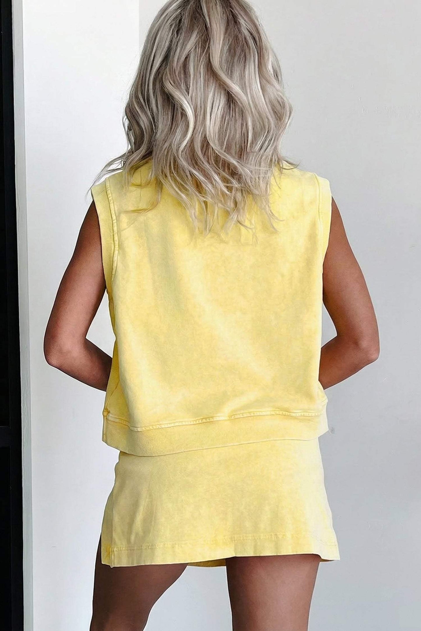 Yellow Cream 2 Pieces Mineral Wash Cotton Tank Top Lined Split Skort Set