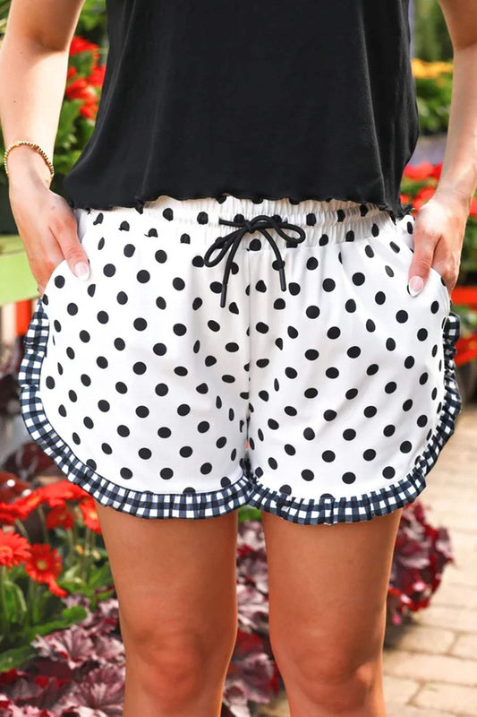White Polka Dot Contrast Ruffle Trim Shorts
