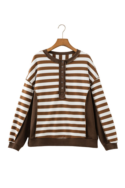 Brown Stripe Exposed Seam Color Block Patchwork Button Placket Sweatshirt