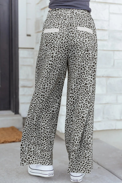Khaki Animal Print Wide Leg Terry Knit Pants - Sweet Fashion Wholesale