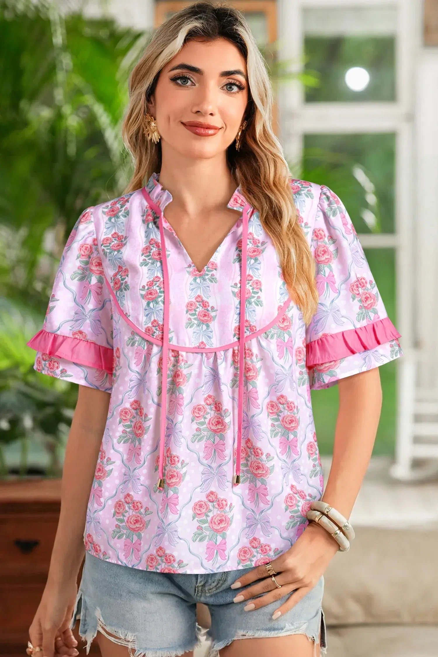 Purple Coquette Floral Bow Printed Contrast Ruffled Short Sleeve Blouse - Sweet Fashion Wholesale
