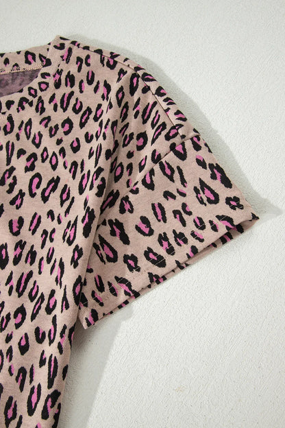 Beige Leopard Print Casual Tee and Pants 2pcs Outfit - Sweet Fashion Wholesale