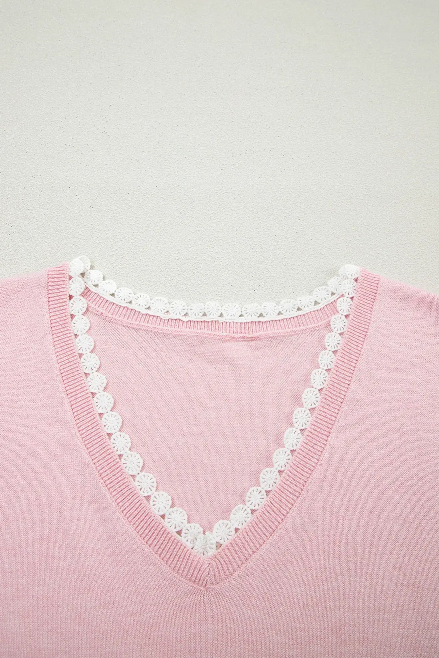 Strawberry Pink Lacy V Neckline Short Sleeve Sweater - Sweet Fashion Wholesale