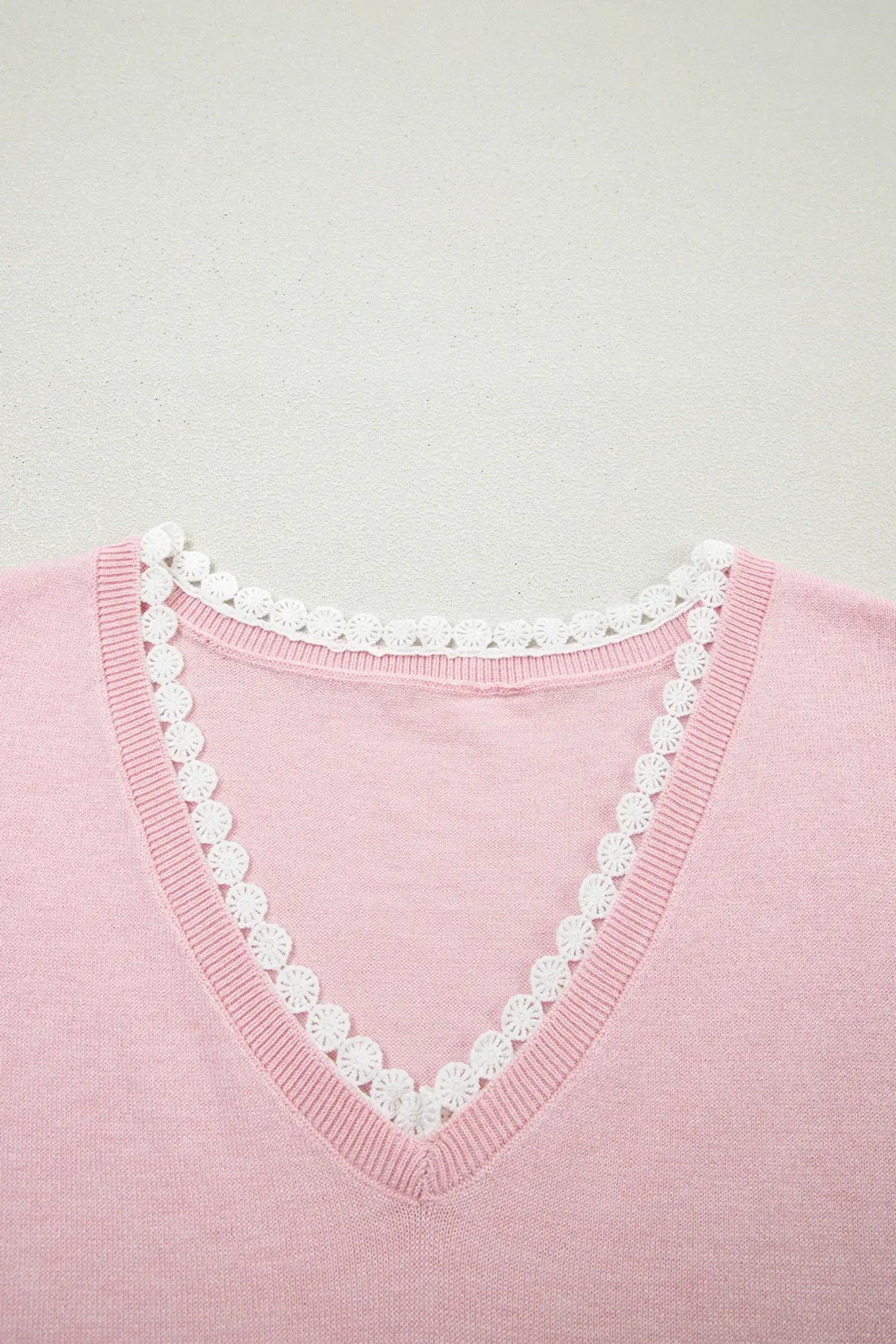 Strawberry Pink Lacy V Neckline Short Sleeve Sweater - Sweet Fashion Wholesale