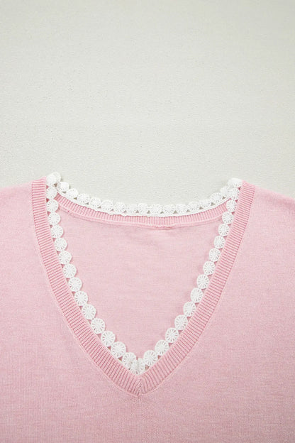 Strawberry Pink Lacy V Neckline Short Sleeve Sweater - Sweet Fashion Wholesale