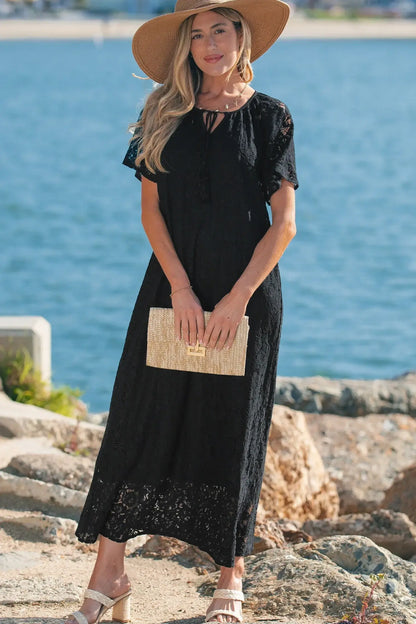 Black Floral Lace Overlay Tassel Tie Short Sleeve Beach Vacation Loose Maxi Dress - Sweet Fashion Wholesale