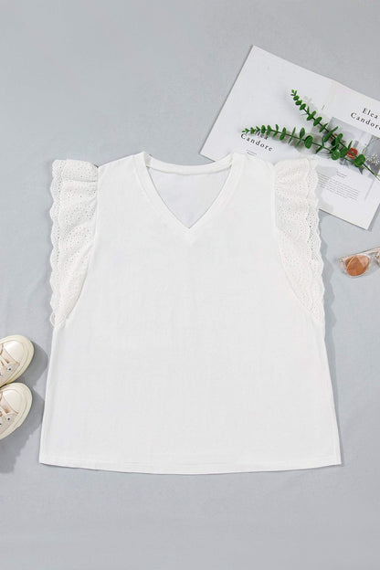White Eyelet Crochet Splicing Short Sleeve Plus Size Tee