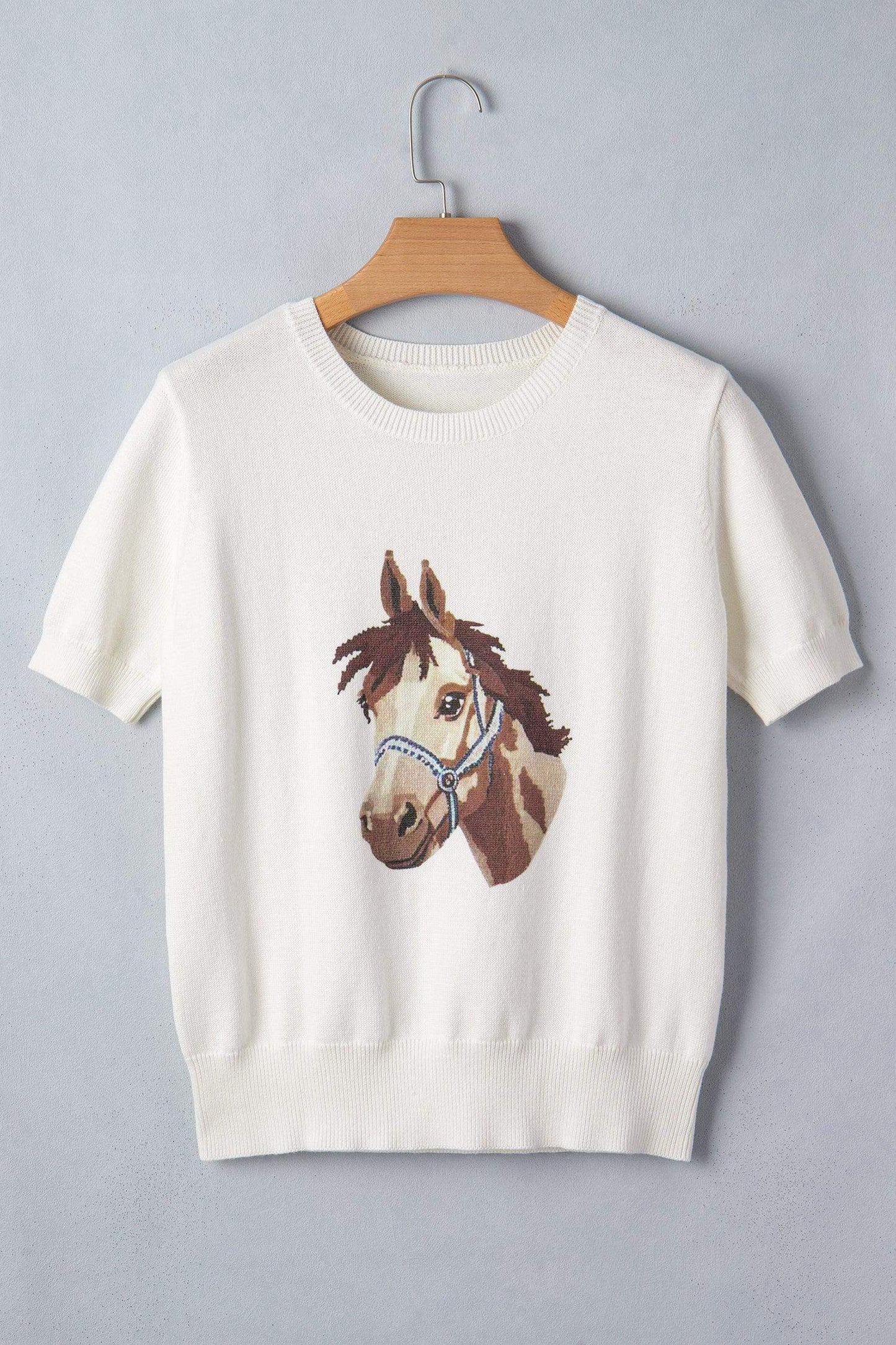 White Wild West Horse Head Printed Short Sleeve Sweater - Sweet Fashion Wholesale