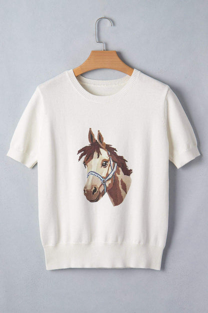 White Wild West Horse Head Printed Short Sleeve Sweater - Sweet Fashion Wholesale