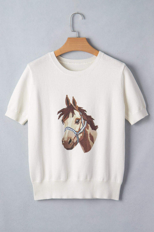 White Wild West Horse Head Printed Short Sleeve Sweater - Sweet Fashion Wholesale