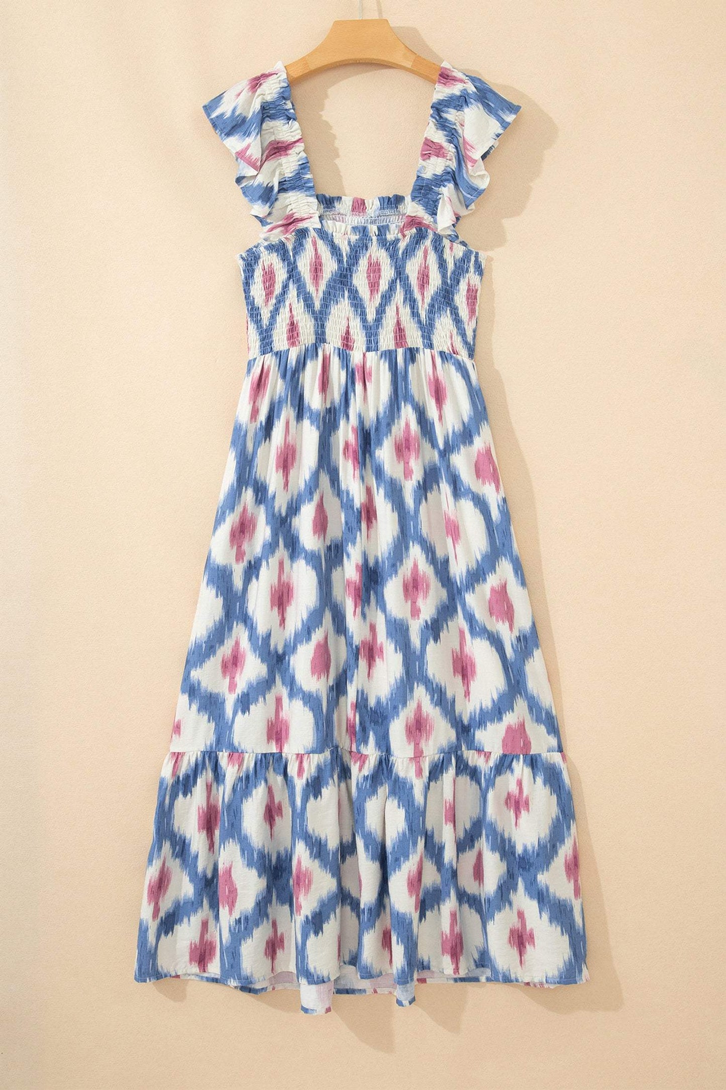 Sky Blue Ethnic Geometric Print Square Neck Smocked High Waist Ruffle Sleeve Dress