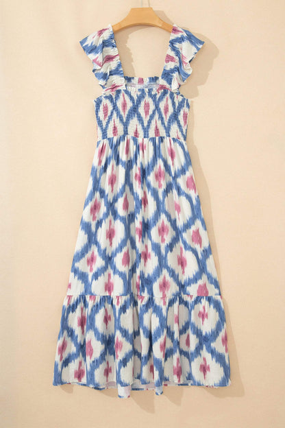 Sky Blue Ethnic Geometric Print Square Neck Smocked High Waist Ruffle Sleeve Dress