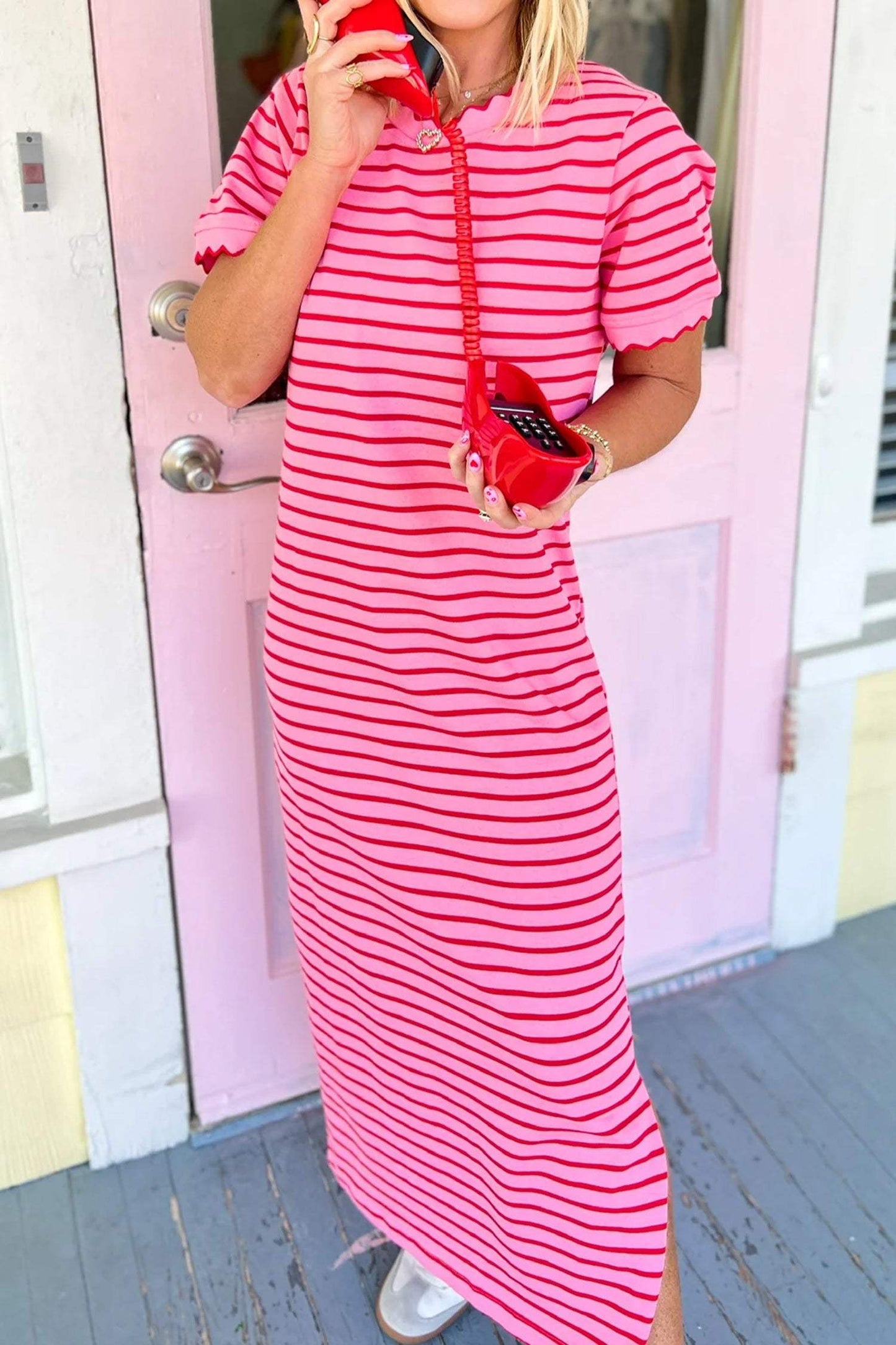 Rose Stripe Striped Short Sleeve Scalloped Trim Side Slit T-Shirt Dress