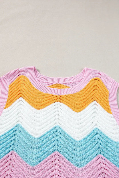 Multicolour Striped Colorblock Scalloped Hem Knitted Vest