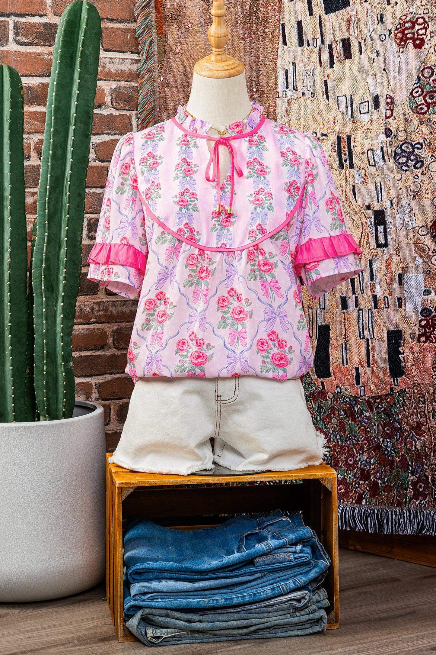 Purple Coquette Floral Bow Printed Contrast Ruffled Short Sleeve Blouse - Sweet Fashion Wholesale
