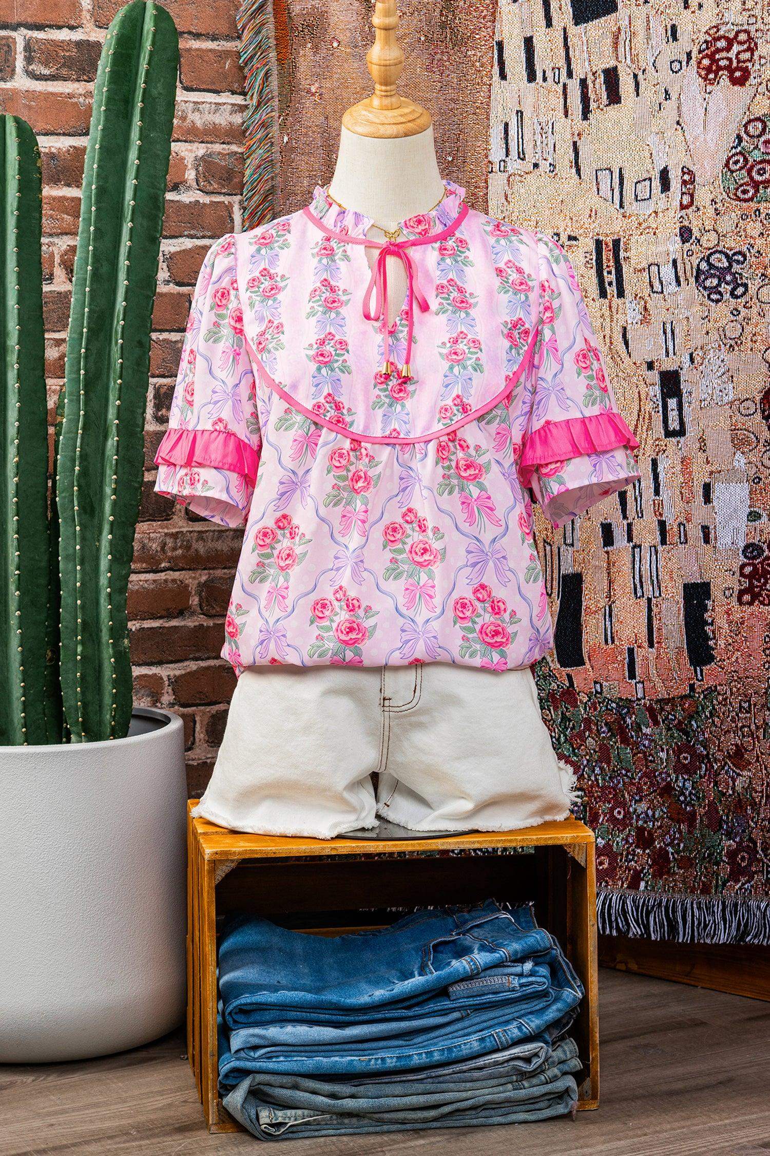 Purple Coquette Floral Bow Printed Contrast Ruffled Short Sleeve Blouse - Sweet Fashion Wholesale