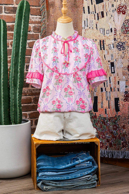 Purple Coquette Floral Bow Printed Contrast Ruffled Short Sleeve Blouse - Sweet Fashion Wholesale