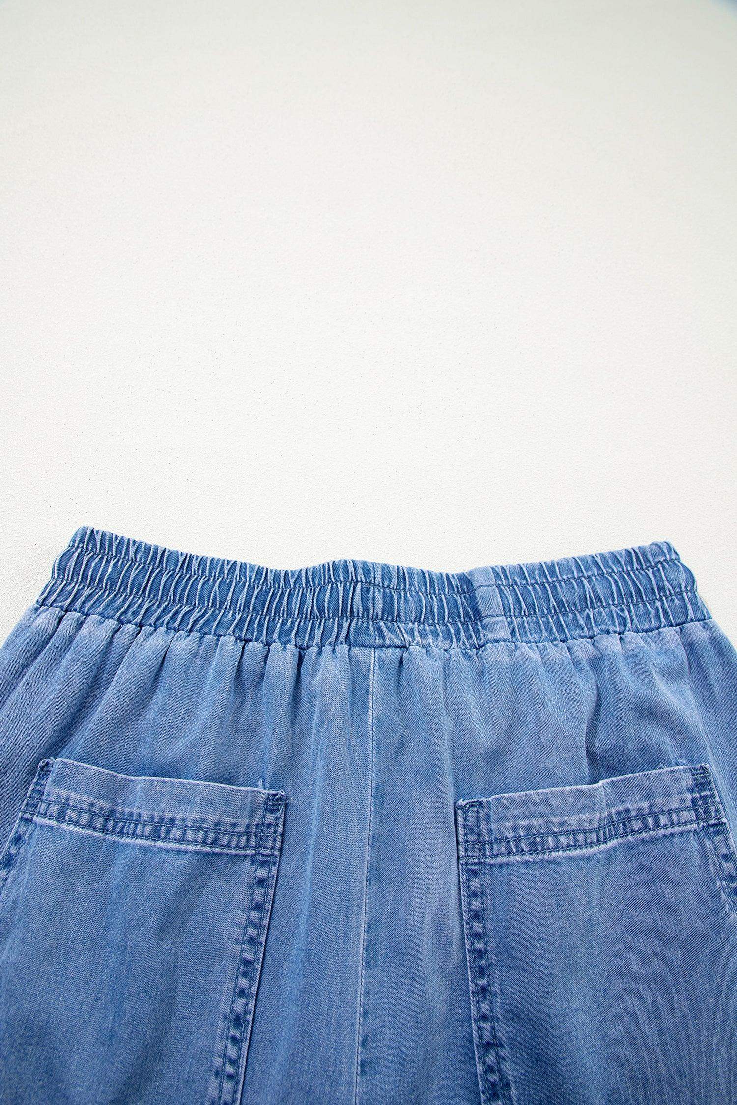 Beau Blue Drawstring Elastic Waist Pocketed Loose Denim Pants - Sweet Fashion Wholesale