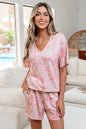 Pink Abstract Print V Neck Loose Tee Drawstring Shorts 2pcs Outfit - Sweet Fashion Wholesale