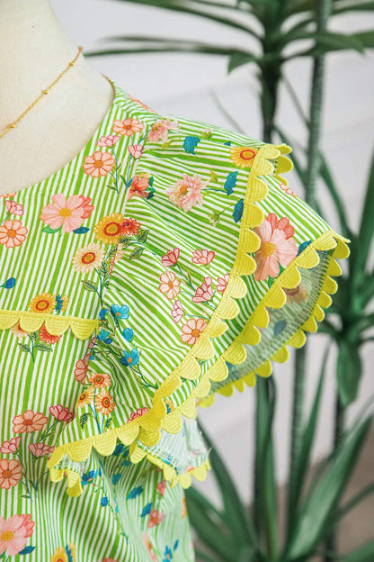 Green Stripe Floral Printed Scalloped Detail Ruffle Short Sleeve Blouse - Sweet Fashion Wholesale