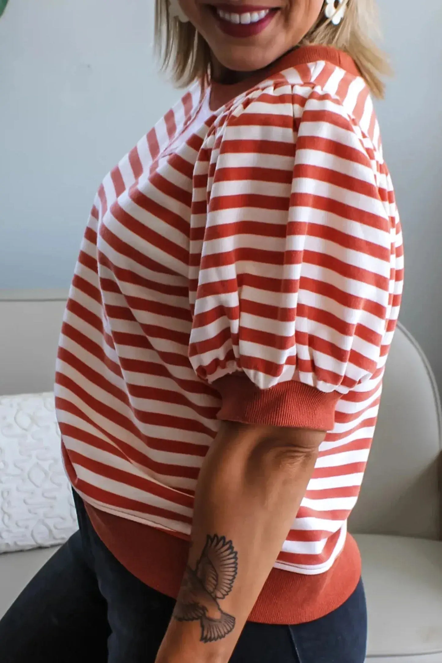 Khaki Stripe Short Bubble Sleeve T Shirt - Sweet Fashion Wholesale