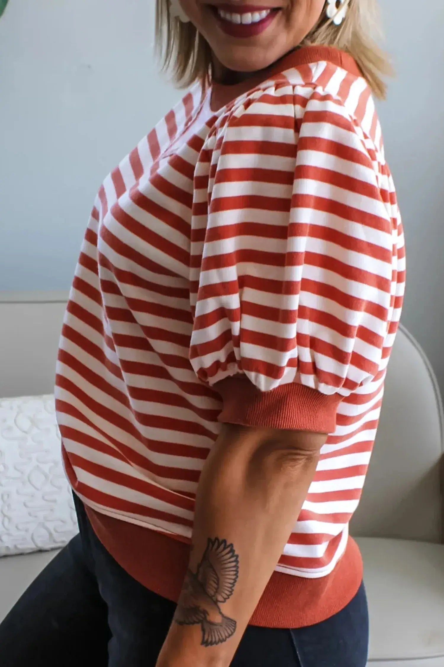Khaki Stripe Short Bubble Sleeve T Shirt - Sweet Fashion Wholesale
