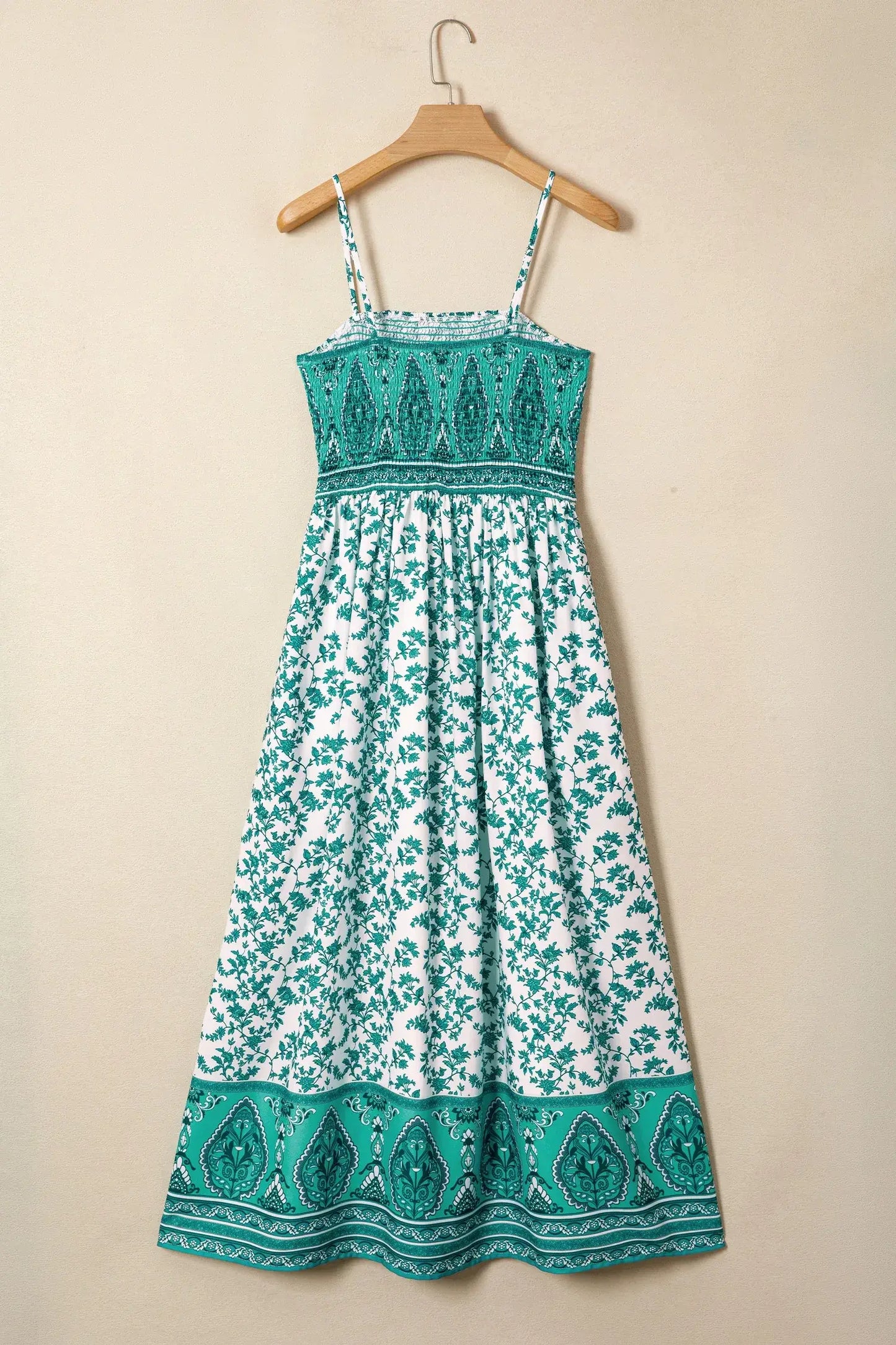 Green Boho Floral Print Shirred Cami Maxi Dress - Sweet Fashion Wholesale
