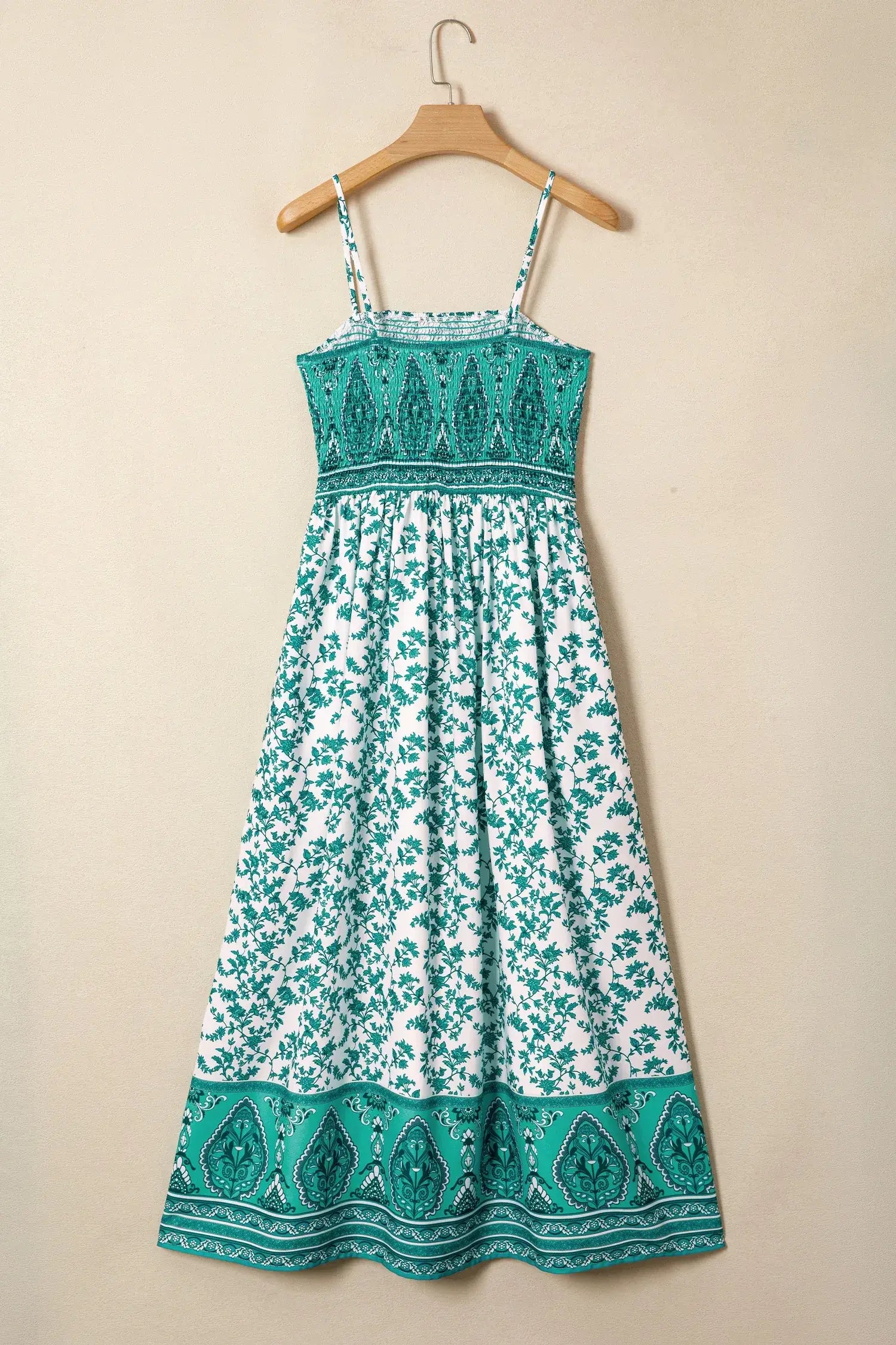 Green Boho Floral Print Shirred Cami Maxi Dress - Sweet Fashion Wholesale