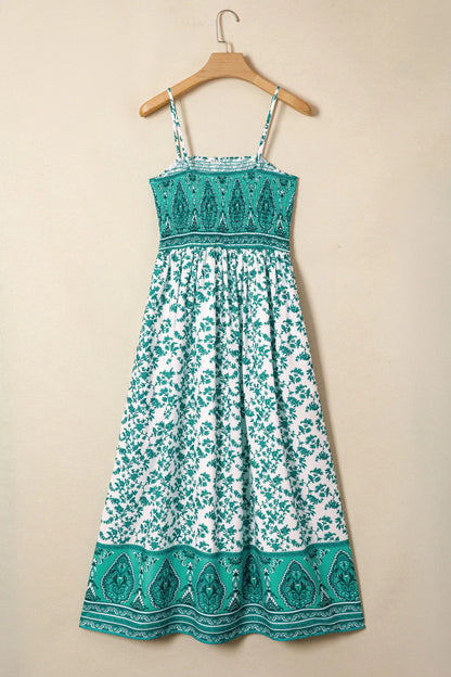 Green Boho Floral Print Shirred Cami Maxi Dress - Sweet Fashion Wholesale