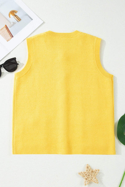 White Solid Color Sleeveless Knit Button Pocketed Sweater