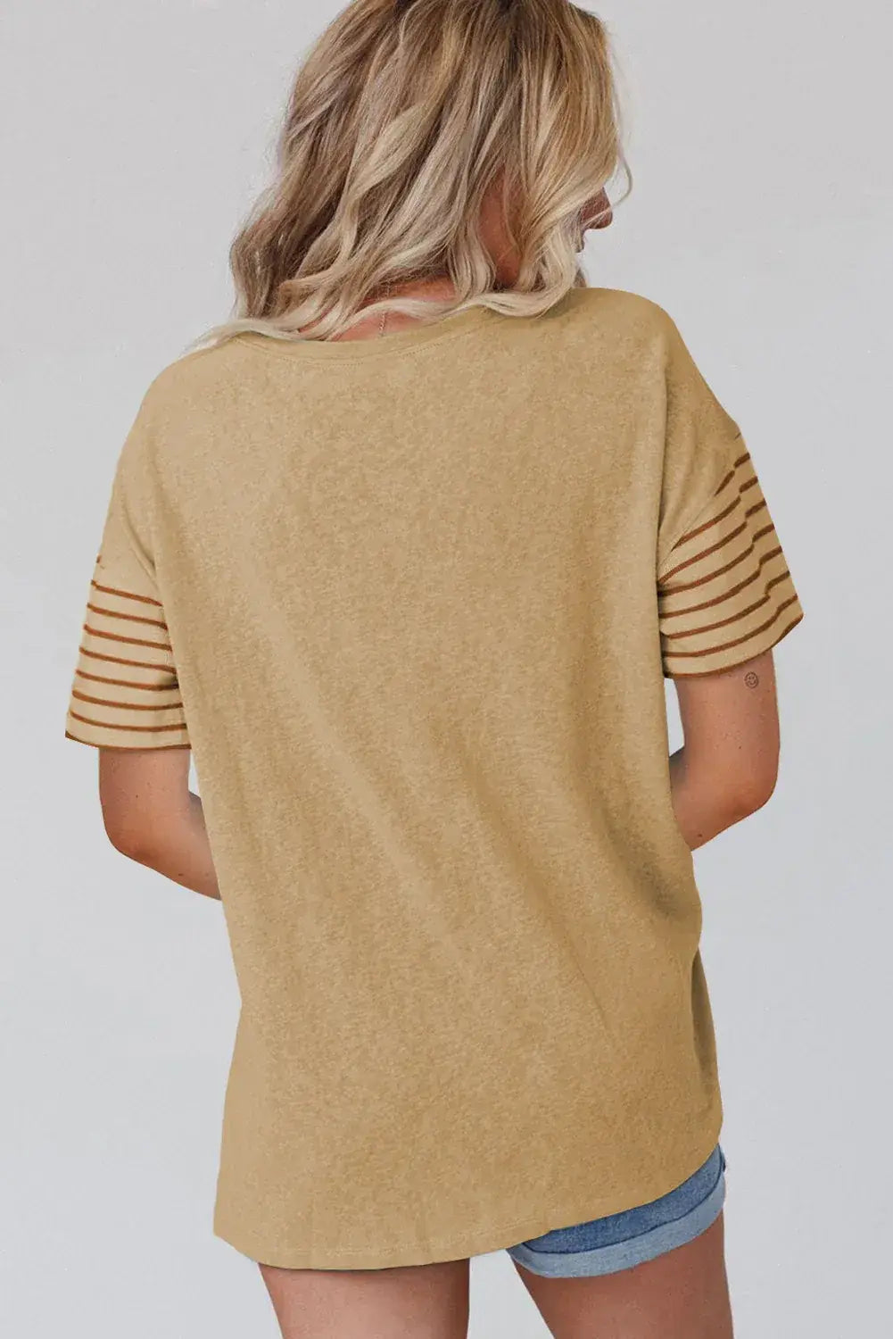 Tan Color Block Striped Detail Loose T Shirt - Sweet Fashion Wholesale
