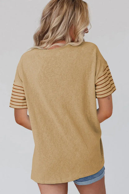 Tan Color Block Striped Detail Loose T Shirt - Sweet Fashion Wholesale