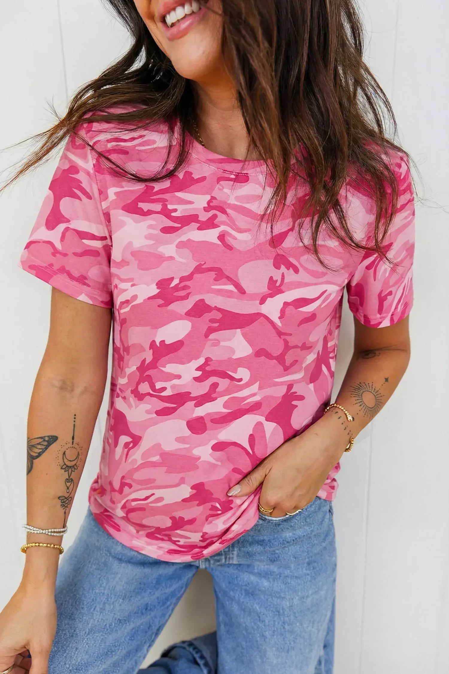 Pink Camouflage Print Crew Neck T Shirt - Sweet Fashion Wholesale