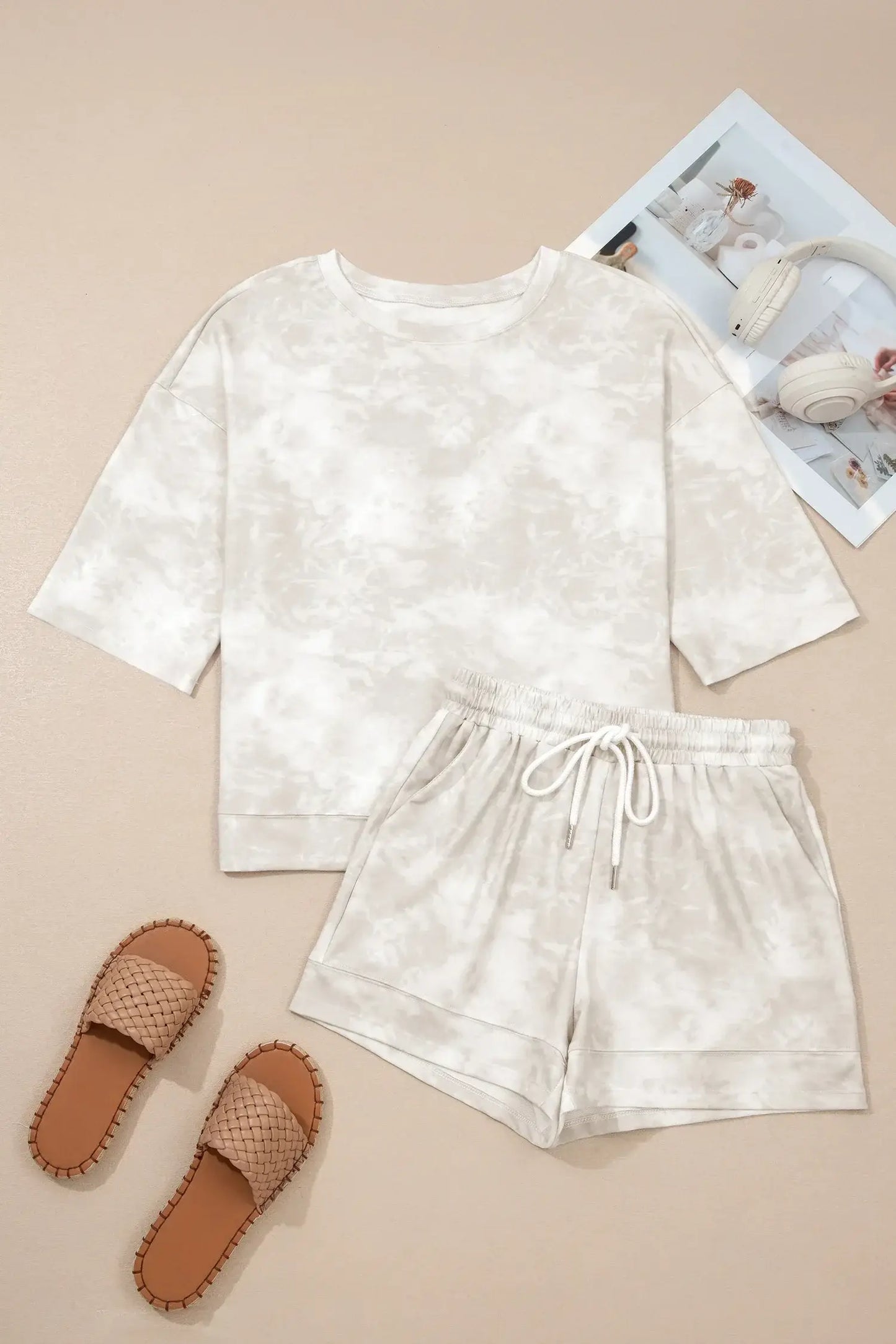 Beige Vintage Tie Dye Bracelet Sleeve Drawstring Elastic Waist 2pcs Short Set - Sweet Fashion Wholesale