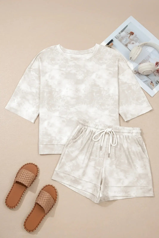 Beige Vintage Tie Dye Bracelet Sleeve Drawstring Elastic Waist 2pcs Short Set - Sweet Fashion Wholesale
