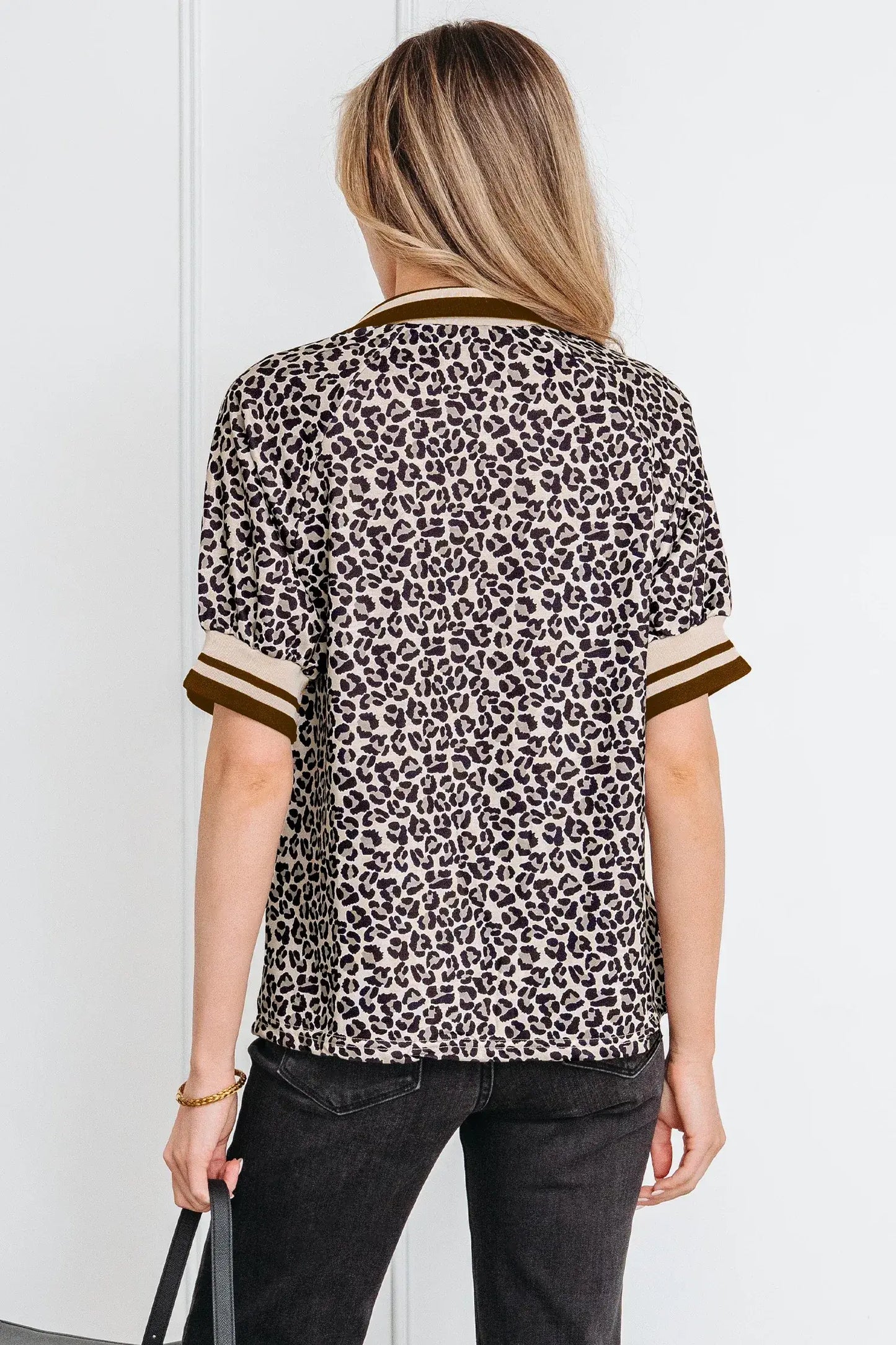 Khaki Leopard Print Half Zip Striped Trim Patchwork Short Sleeve Top - Sweet Fashion Wholesale